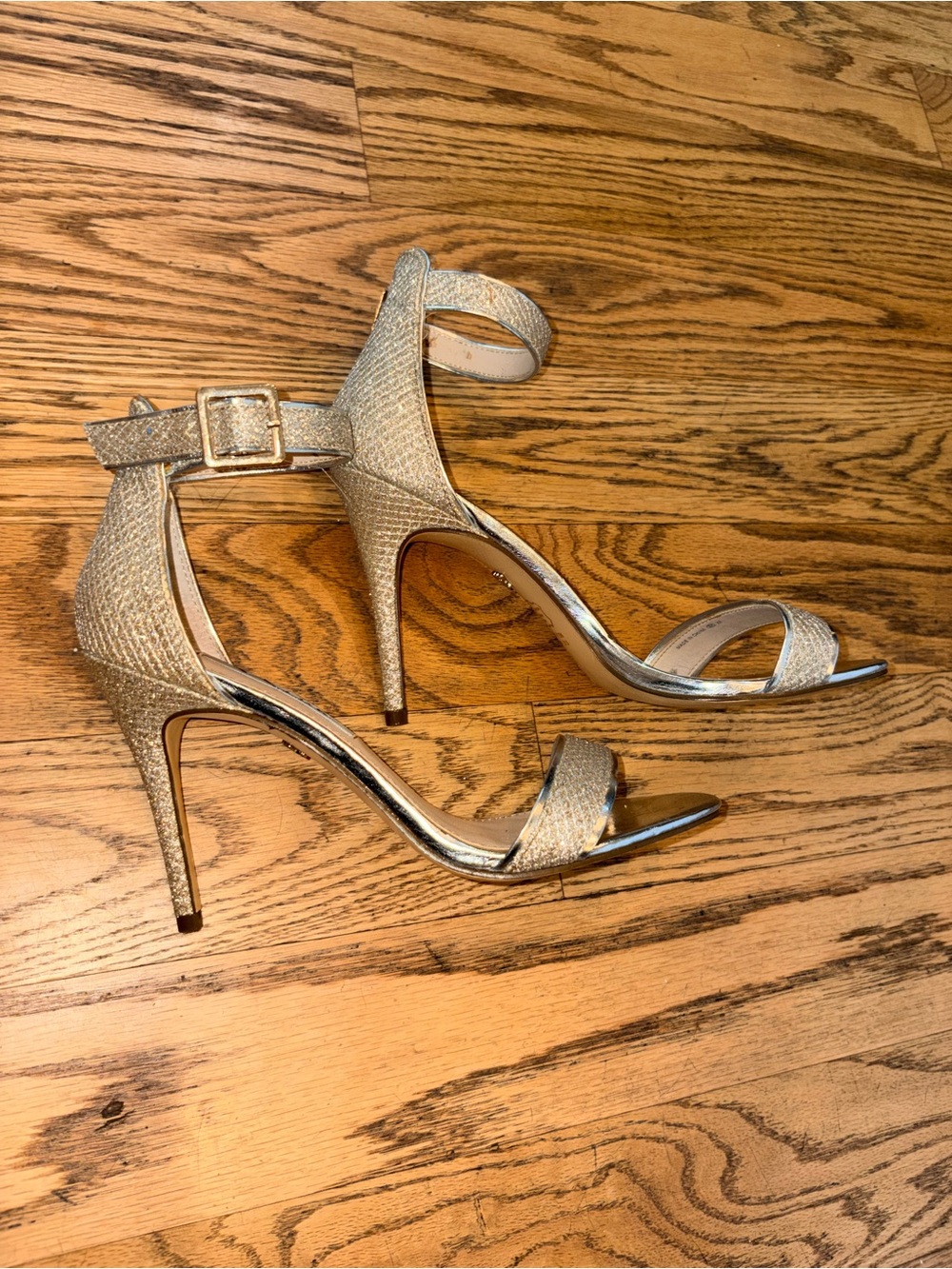 Nina New York Gold Platino Glitter Ankle Strap Stiletto Heels
